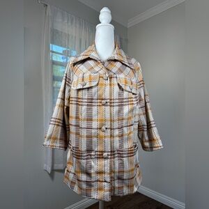 Vintage ‘70s Handmade Beige, Gold & Brown Plaid Button Front Lightweight Jacket